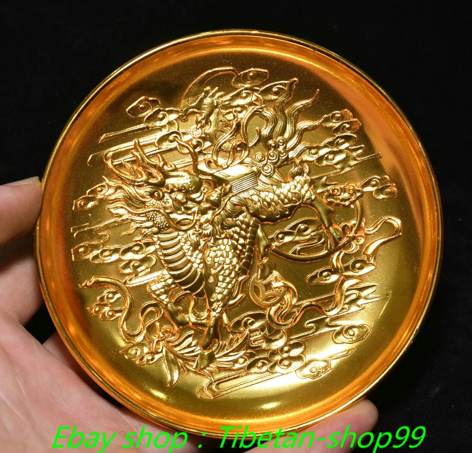 4.1"Old CHinese Dynasty Bronze Gilt Kylin Dragon unicorn Beast Tray Dish Plate