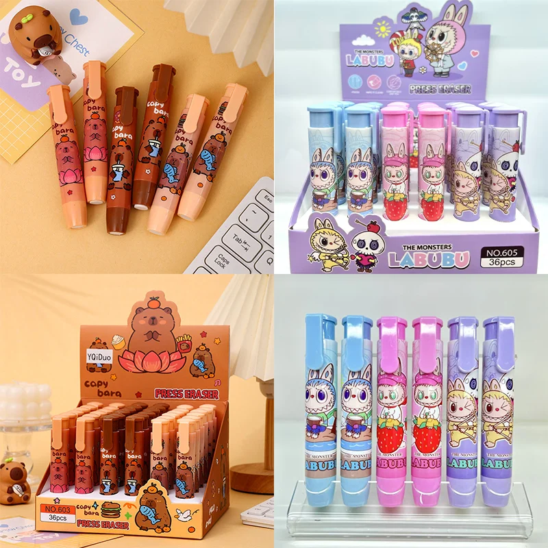 

36Pcs Capybara Labubu Kuromi Press the eraser Pens Silicone Kawaii Pens School Office Supplies Stationery Peripheral gift