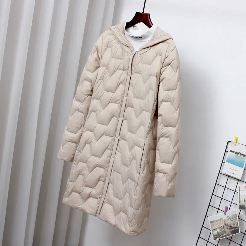 New Autumn Winter Ultra Light White Duck Down Jacket Women Midi Long Knitted Hooded Down Coat Parkas Ladies Warm Puffer Outwears