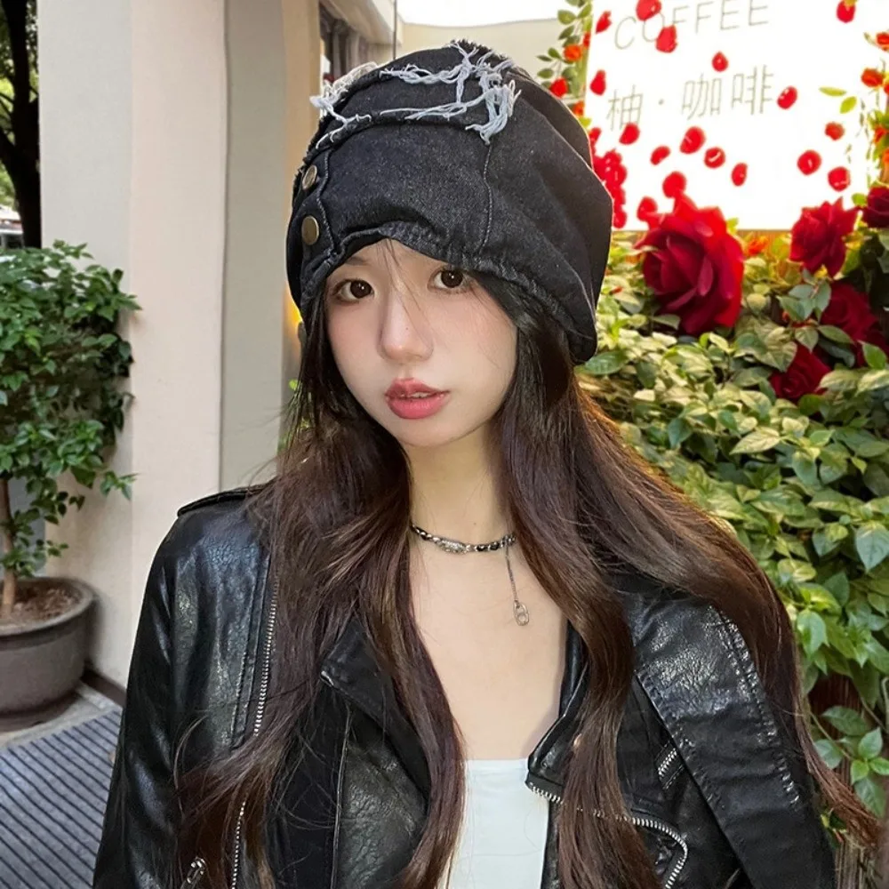 

Fashion Vintage Distress Denim Pullover Cap Korean Style Button Washed Denim Beanie Cool Hip Hop Loose Beret Unisex