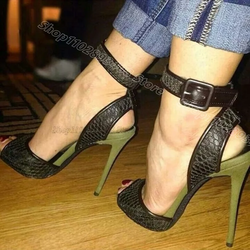 

Black Square Buckle Stiletto Sandals Peep Toe Concise British Style Party Dress Dance Fashion Women Shoes Zapatos Para Mujere