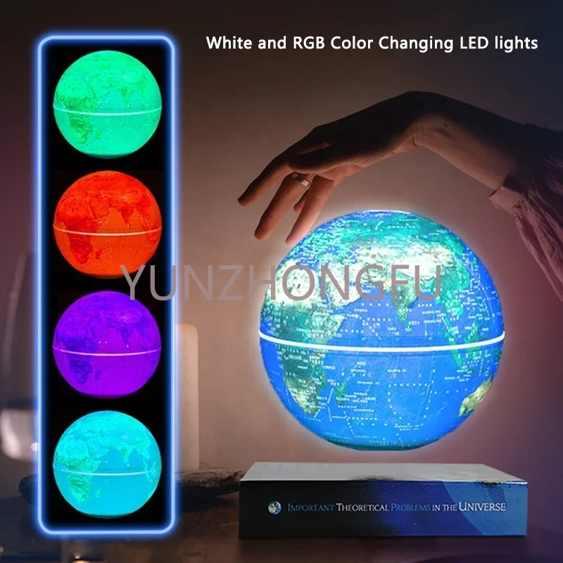 Book base design 8 inch 20cm Magnetic Levitating Floating and rotating World Map English globe with white and RGB LED lights