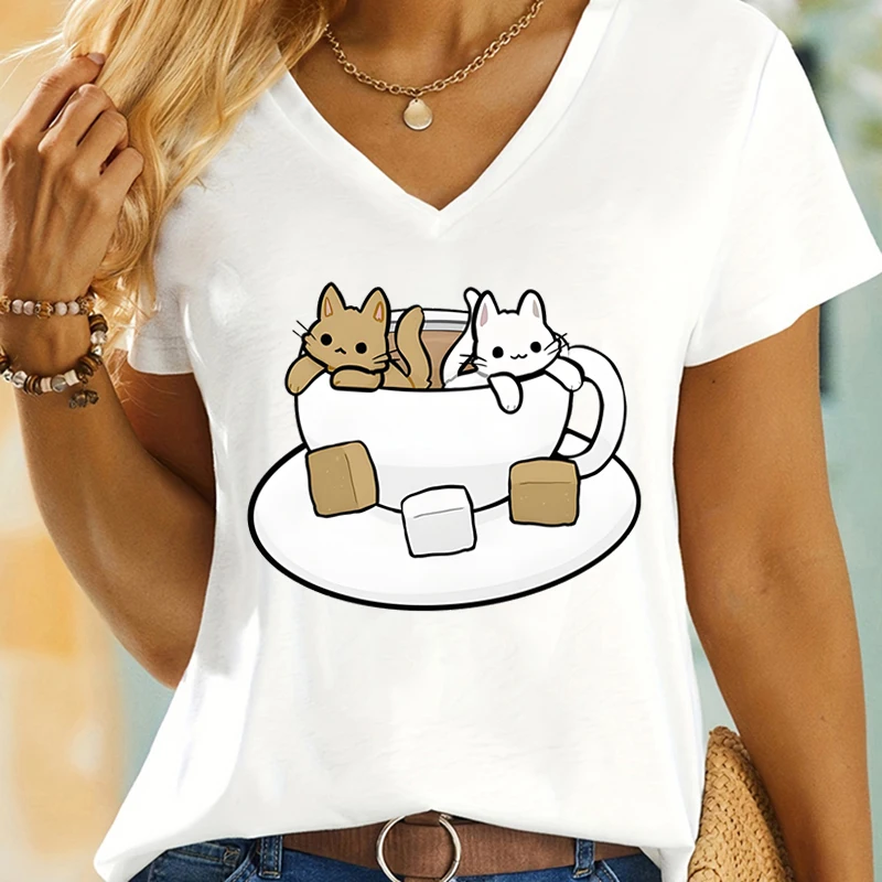 Girls Clothing Kawaii Cartoon Tea Cats Print Short Sleeve T-shirt Cute Cat Lover Gift for Women Cartoon Anime Fashion Casual Top