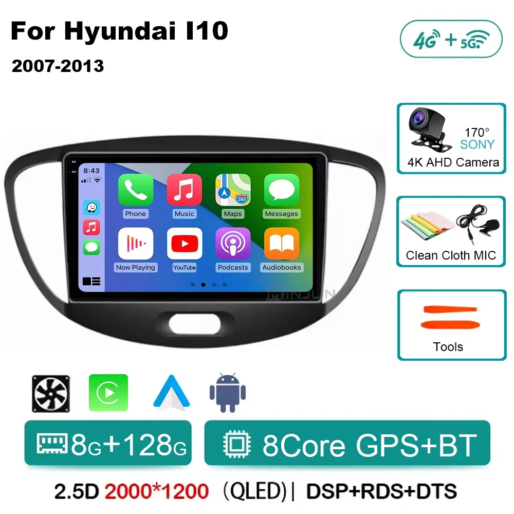 Android 15 CarPlay Auto Qualcomm Autoradio Voor Hyundai i10 2007 2008 2009 2010 2011 2012 2013 GPS Multimedia Speler stereo