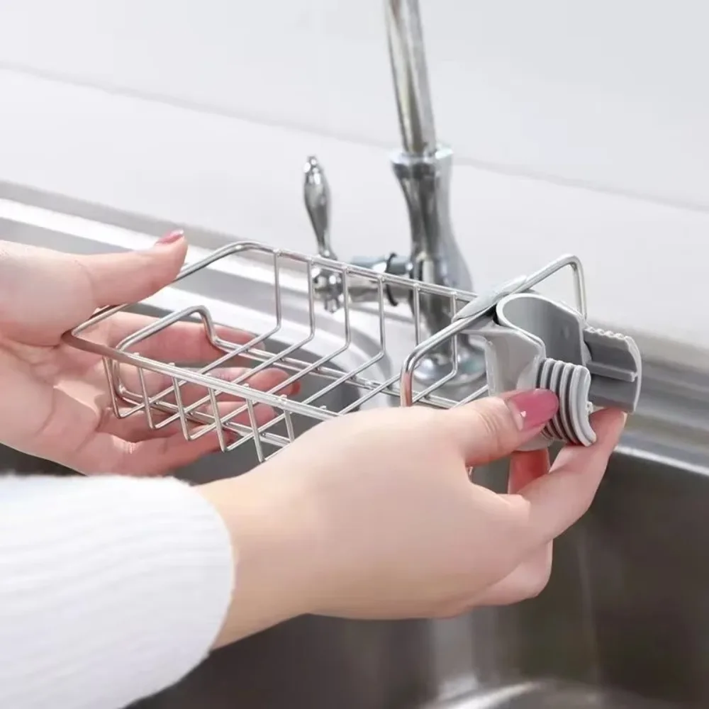 1pc Faucet Storage Rack Stainless Steel Kitchen Sink Storage Rack Household Sponge Cloth Dishwashing and Draining Rack