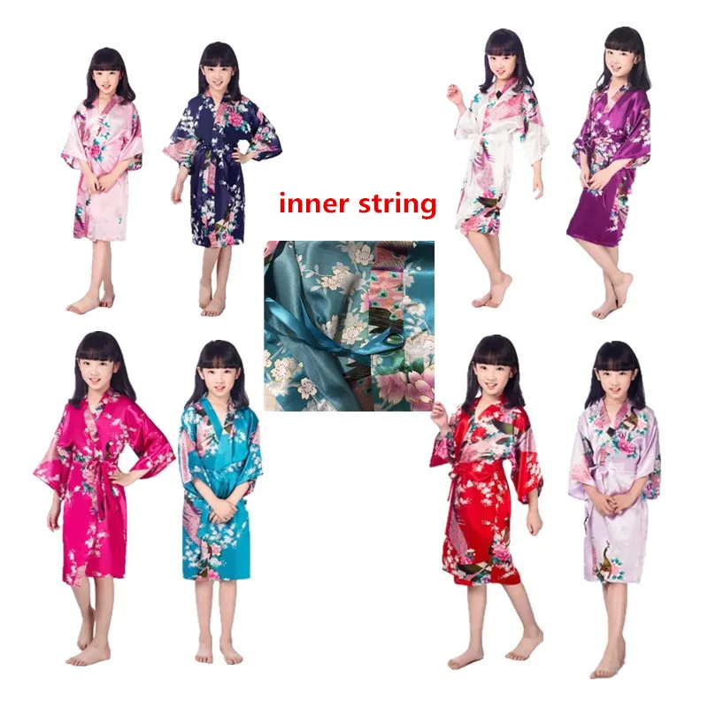 Retail Girls Satin Floral Kimono Robe Peacock Flower Sleepwear Bathrobe Nightgown for Spa Wedding Birthday Party D68