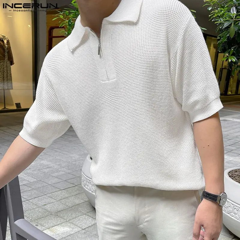 INCERUN Tops 2024 Korean Style Men\'s Knitted Zippered Lapel Design Shirts Leisure Simple Comfortable Short Sleeved Blouse S-5XL