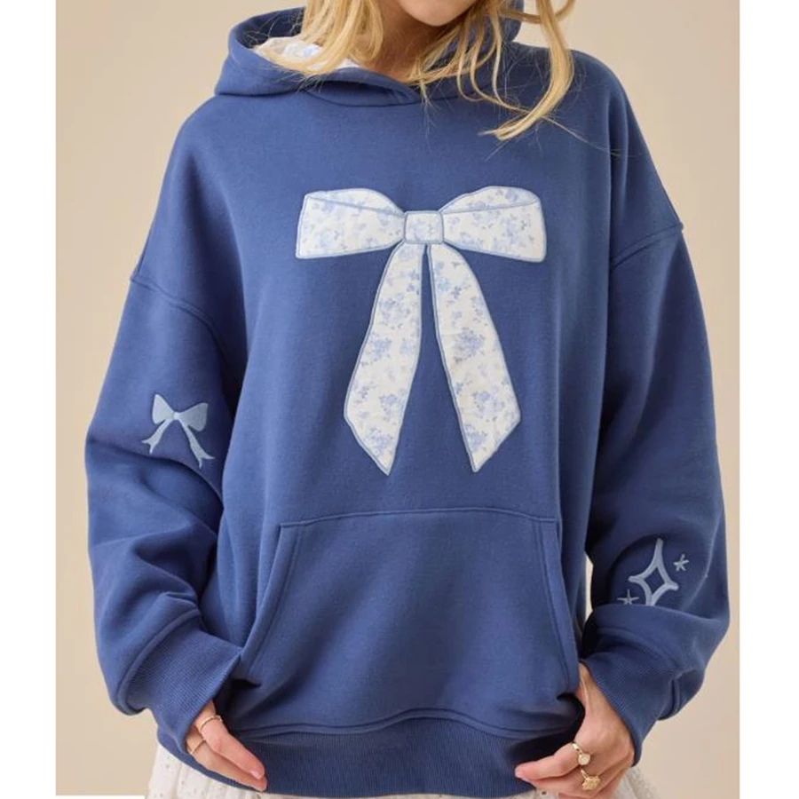 Hochwertiges Damen-Sweatshirt mit Kapuze, Frühling und Herbst, langärmelig, Schleife, Stickerei, Kapuzenpullover