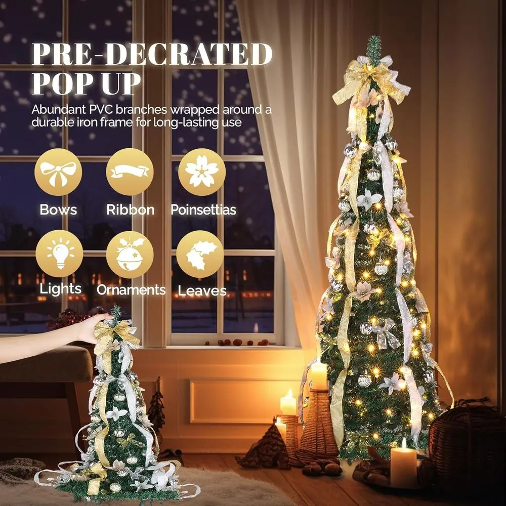 6t up Artiicial Chrisas Pine Tree with 150 Warm White Lights, Xmas Tree day Party Decorations with Sturdy Metal Stand (Gold&Silv view 3