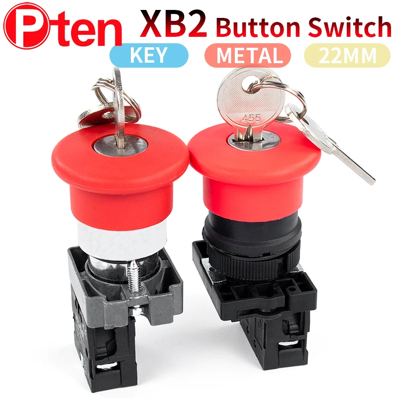 XB2 button switch self-reset key mushroom head 22mm start 1NC 1NO normally closed momentary button switch metal redmetal plastic