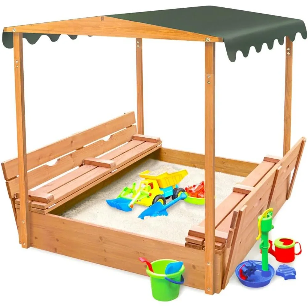 Covered Convertible Cedar Sandbox with Two Benches and Canopy – Outdoor Play for Kids with Built-In Seating and Shade