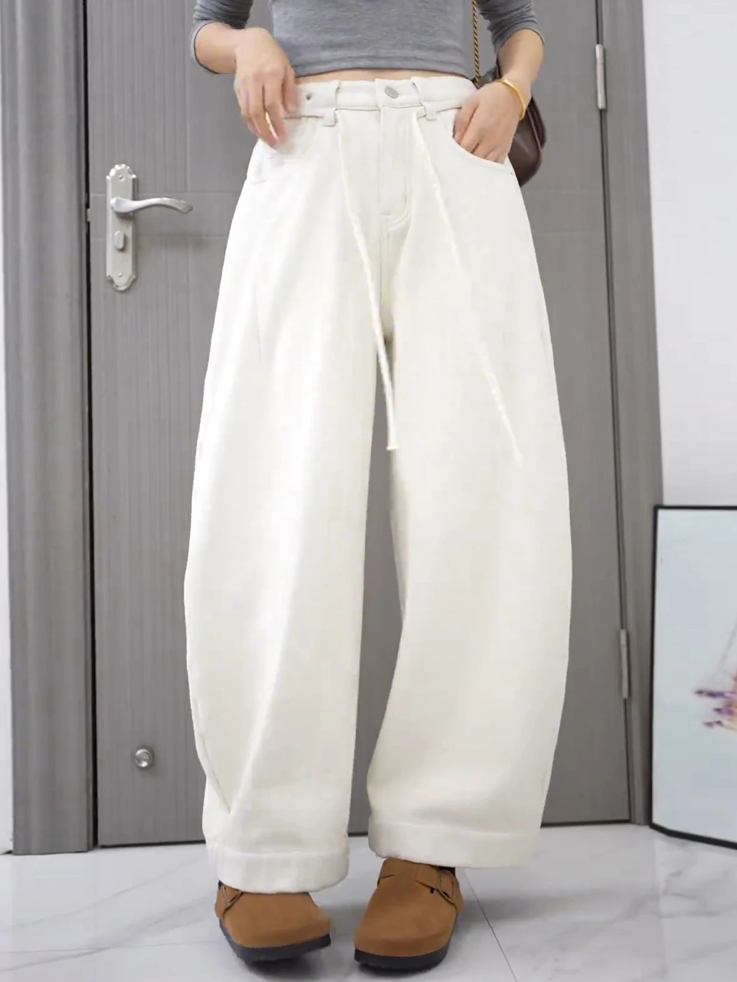 

Thickened Fleece High Waist Wide Leg Jeans Women's Casual Loose Fit Slimming Knife Denim Pants Autumn Winter New Style