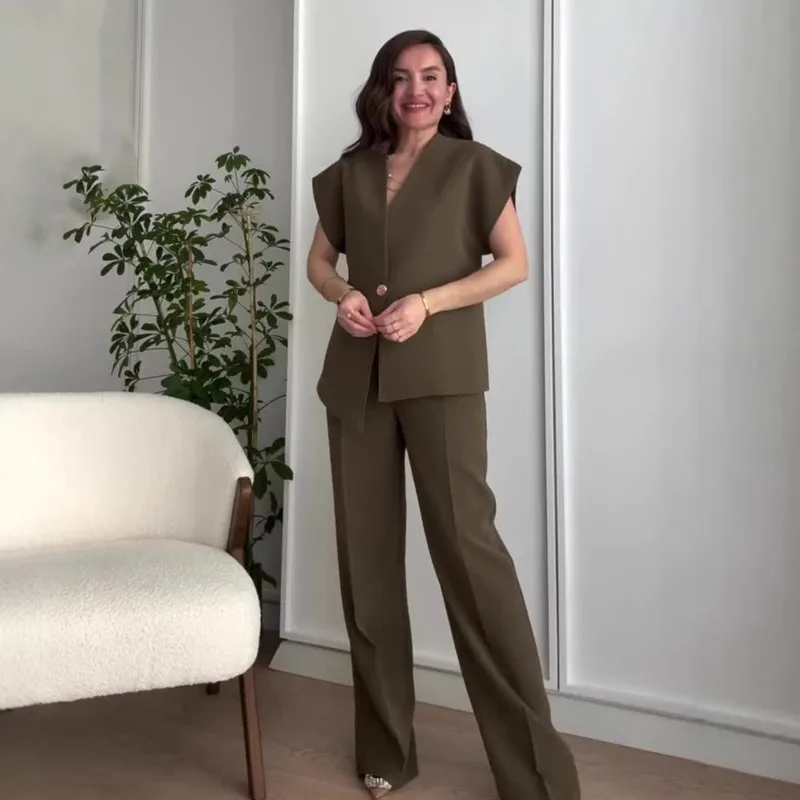 

Casual Women's Trouser Suit Single Button Blazer High Waist Wide Leg Pants Lady Suits 2025 Spring Summer 2 Pieces Set Women