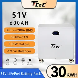 TezePower 30KWh 28KWH 20KWH 51.2V 600Ah 400Ah LiFePO4 Battery Built-in BMS Rechargeable Cell Home Storage With Active Balancer