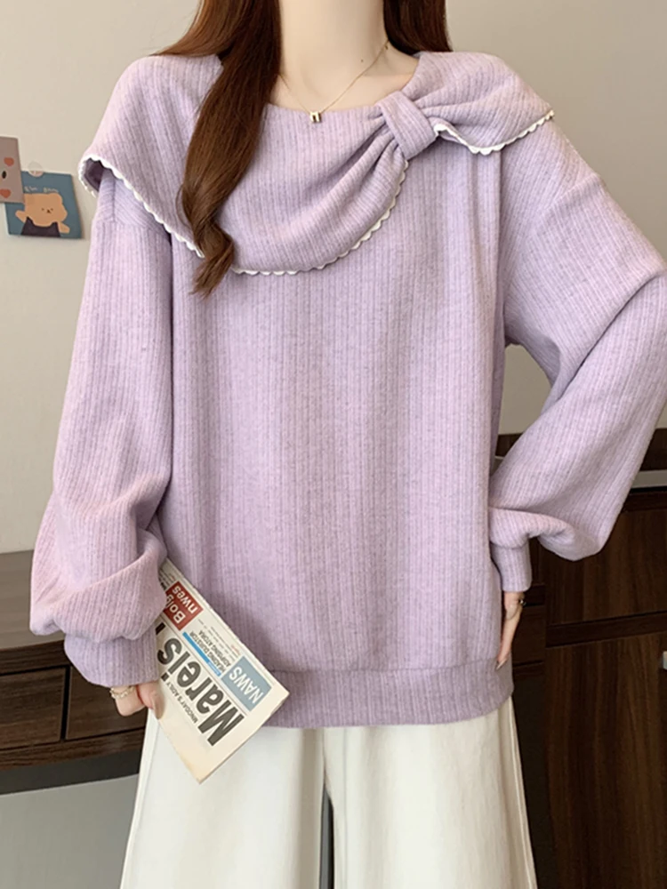 

plus Size Women's Purple Knitwear Knot Ne Loose Long Sve Slimming Versatile Top Gentle Sle Casual Wear