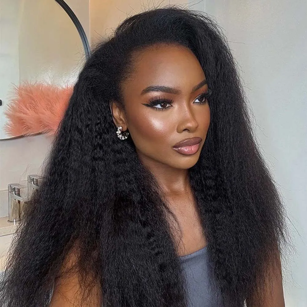 

Kinky Straight Half Wig Human Hair 3-in-1 Drawstring Yaki Glueless Wig Ready-to-Wear Yaki Glueless Half Wig on Sale