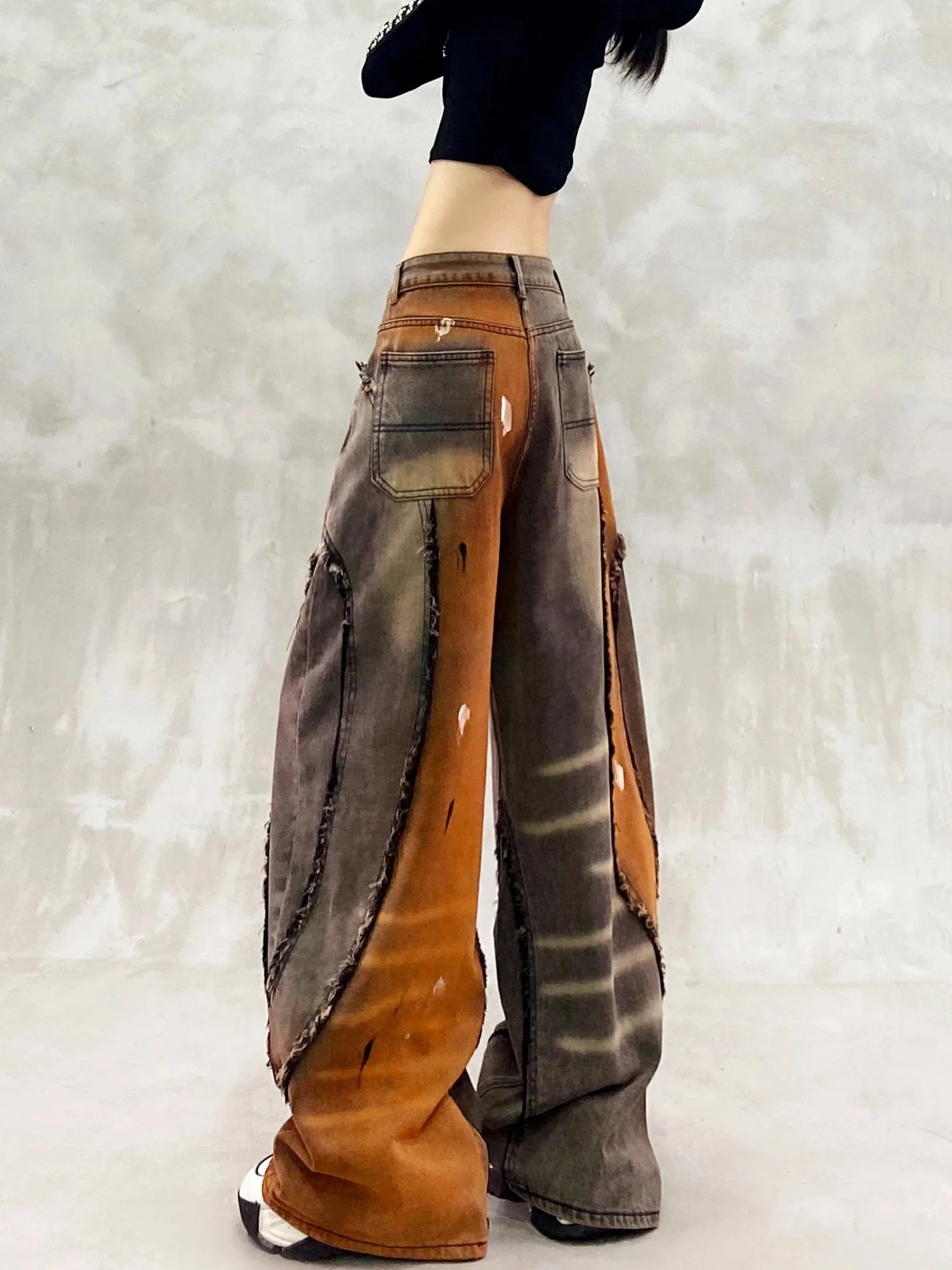 Y2K American Street Pants Women Wasteland Style Worn Wide Leg Autumn Erosion Damage Edging Jeans Fashion