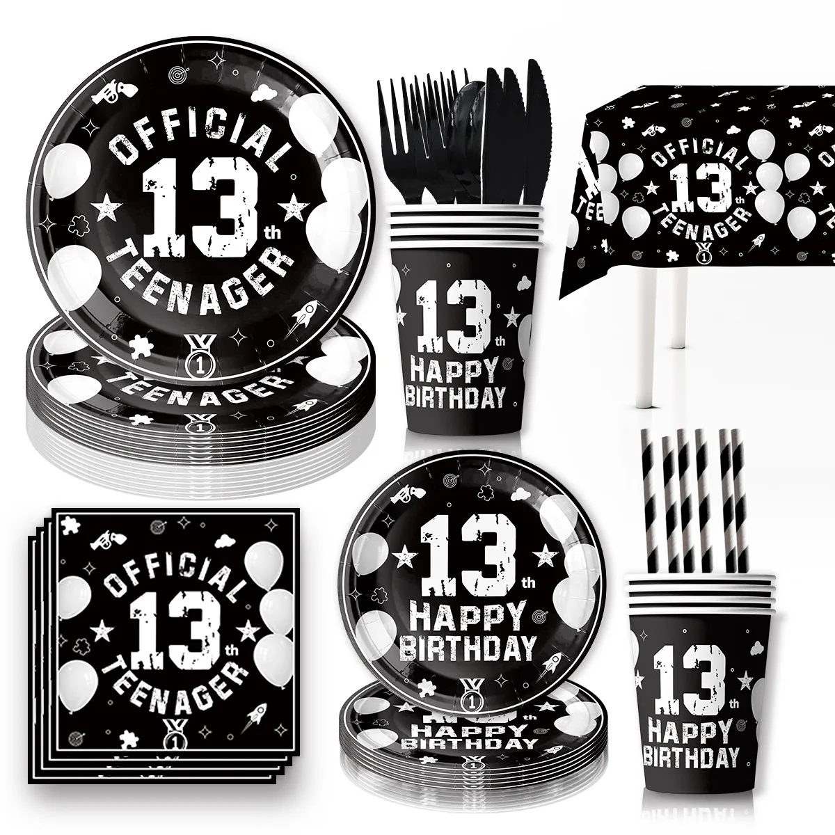 Happy Birthday Party Tableware Decorações, Black Themed Talheres Set, Toalha de mesa, Pratos, guardanapo, 13th Birthday Party Supplies