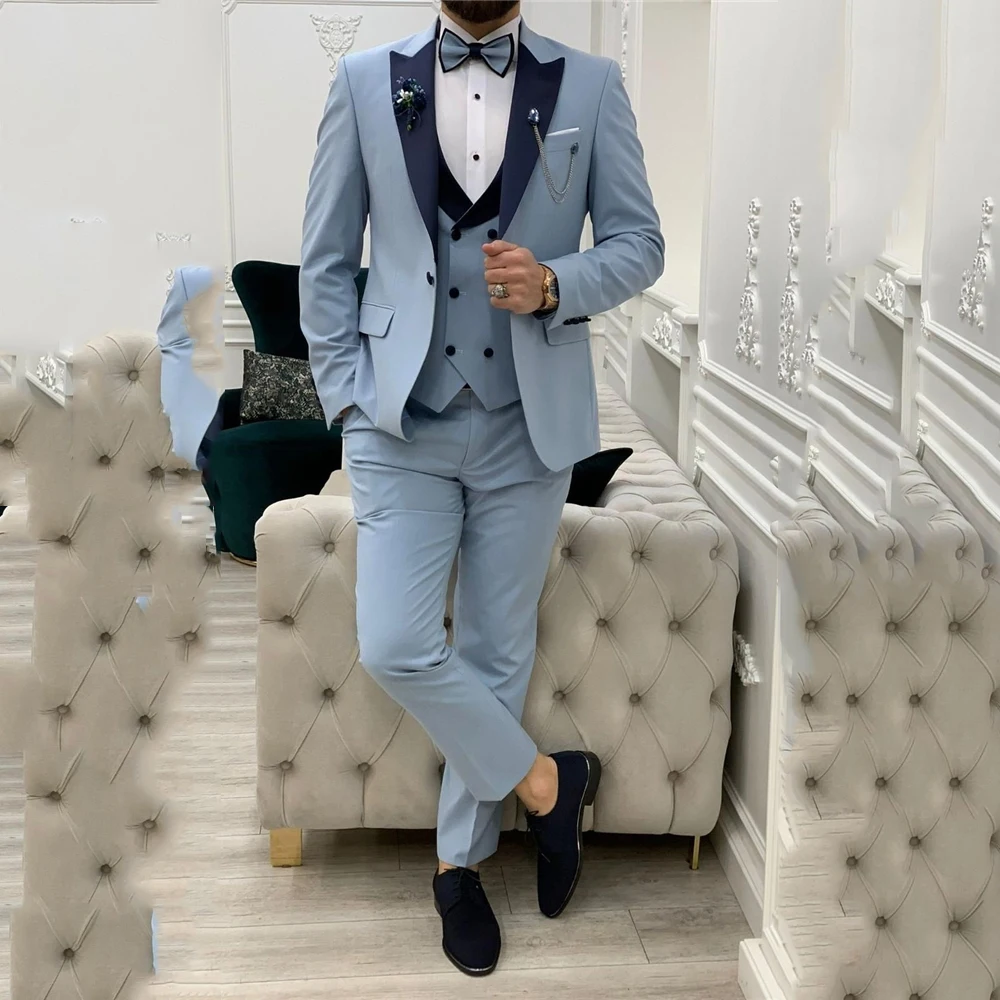 Fashion Blue Suit Men Formal Party Business Blazer Shawl Lapel Wedding Groom Tuxedo 3 Piece Jacket Pants Costume Homme Bow 2024