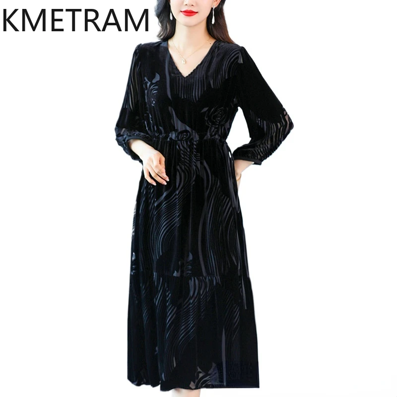 KMETRAM 100% Mulberry Silk Dress Luxury Party Long Sleeve Dresses Golden Velvet Women Clothing 2024 Summer Black Dress Vestido