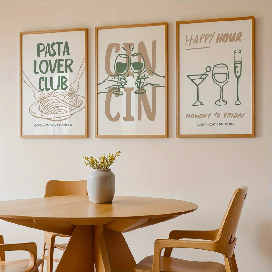 3pcs/set Cin Cin Cheers Pasta Food Canvas Print Sage Green Beige Kitchen Wall Art Posters for Modern Living Room Home Decor Gift