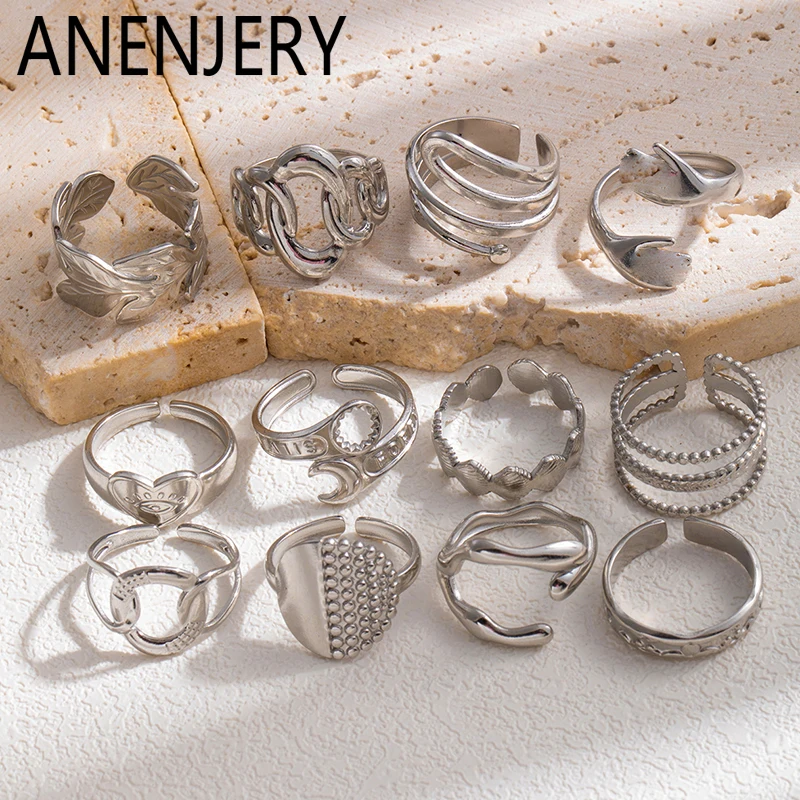 ANENJERY 316L Stainless Steel Round Card Heart Line Leaf Open Ring for Women Men French Fashion Jewelry Wholesale Gifts