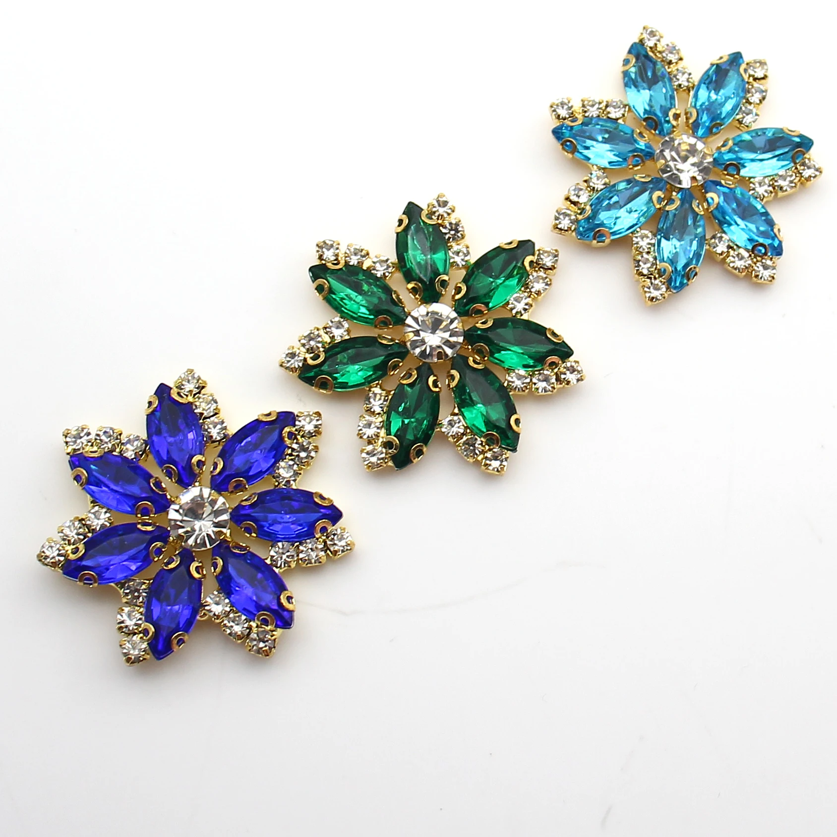  4cm Mixed Multicolor Marquise Flower Crystal Rhinestone Applique Gold Base Sew On Charms