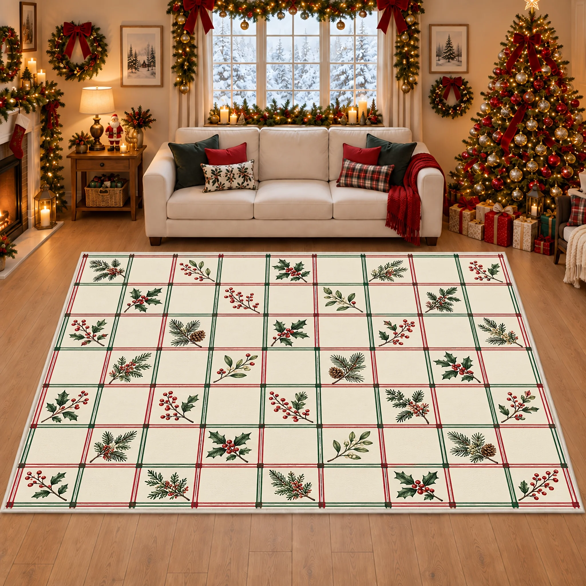 1pc Christmas Grid Holly Pine Cone Area Rug, 2D Flat Print, Indoor Floor Mat for Living Room, Xmas Home Decor