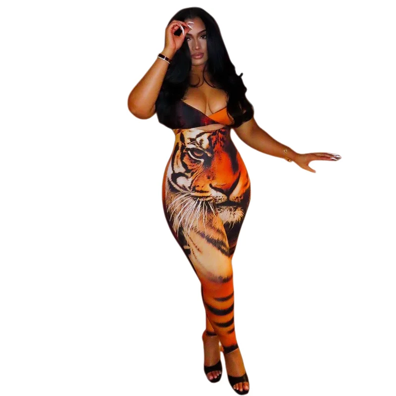 

Women’s Tiger Pattern Print Halter Hollow-Out Chest Wrapped Sleeveless Zipper Slim Jumpsuits, Sexy