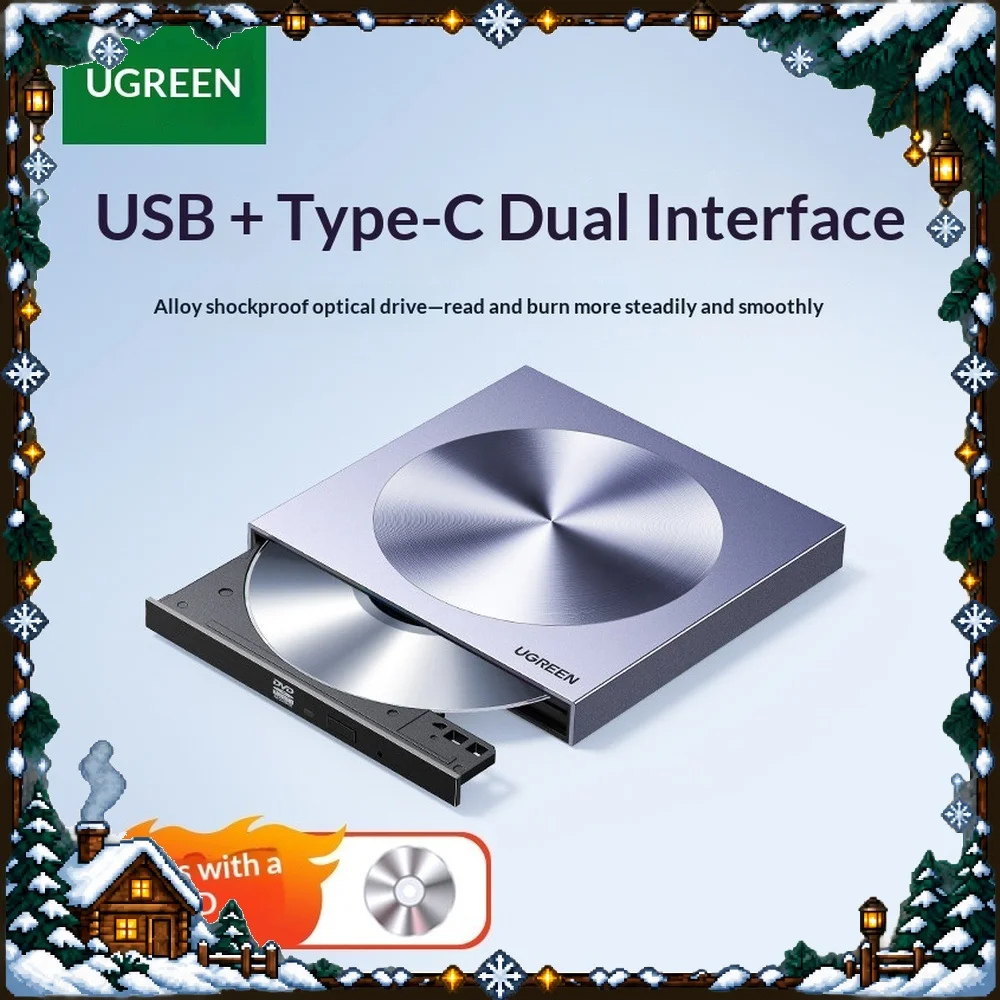 UGREEN CM337-80130 External DVD CD ROM Burner 24X Aluminum USB Type C Portable for Laptop PC
