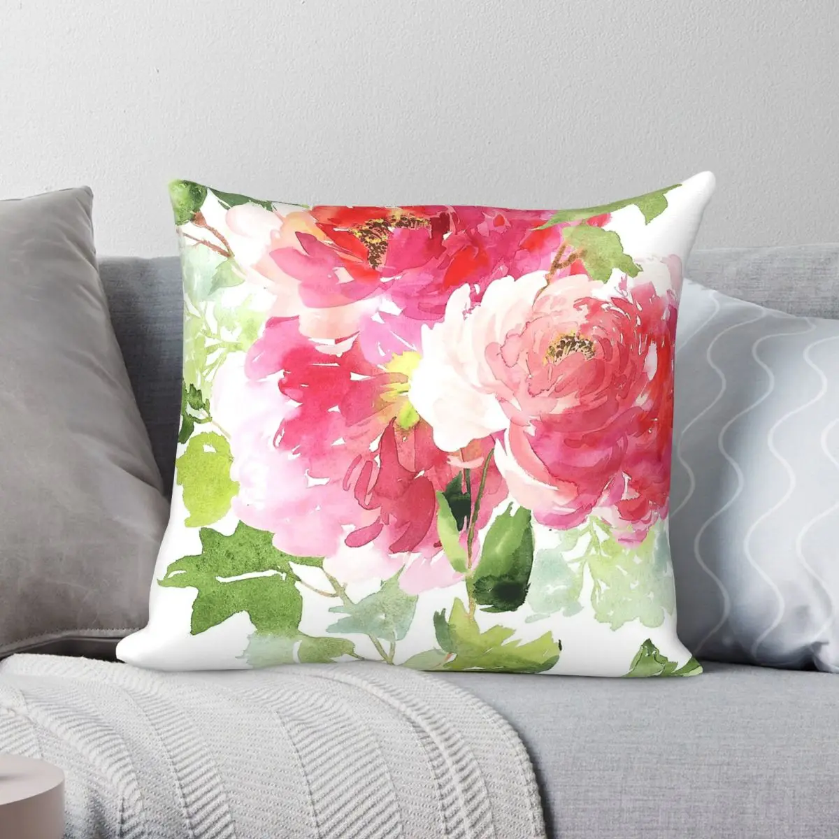 Peonies Bouquet In Pink Square Pillowcase Polyester Linen Velvet Creative Zip Decorative Room Cushion Case