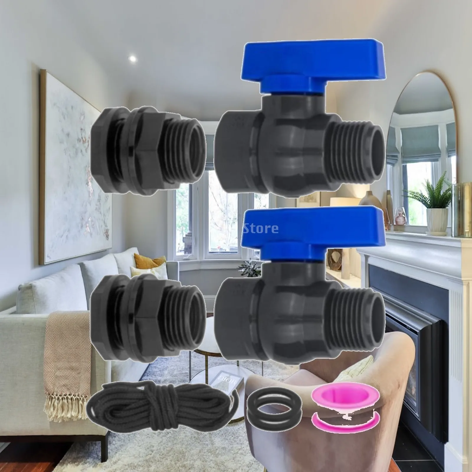 Rain Barrel Spigot Set Black Blue with Ball Valve and Gasket for Outdoor Rainwater Collection System