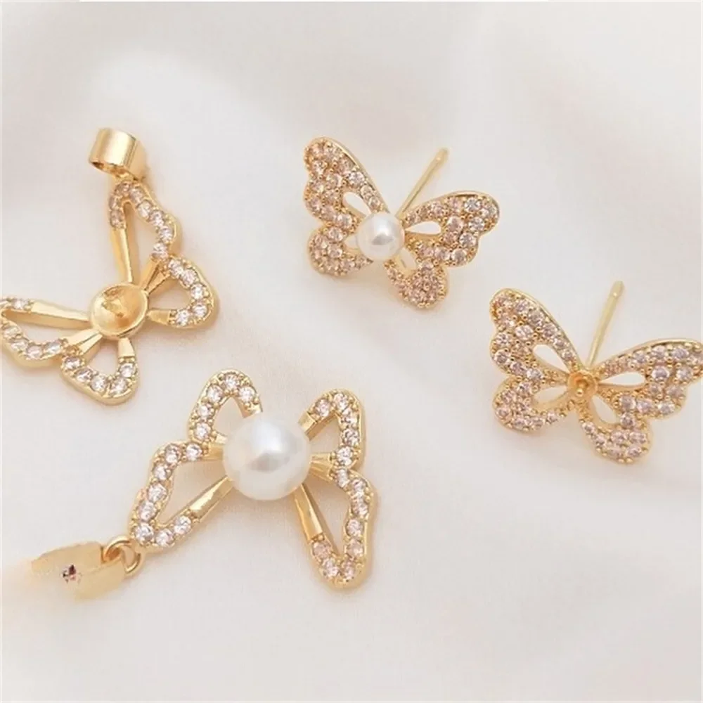 

Butterfly Half Hole Bead Holder Necklace Pendant 14K Gold Solid Zircon Can Be Inlaid with Pearl S925 Stud Earrings DIY Jewelry