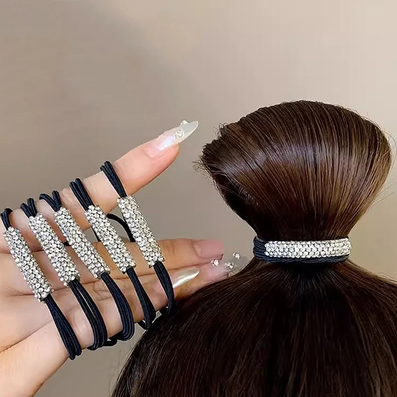 1/5Pcs Women Black Shiny Rhinestone Seamless Rubber Band Elastic Hair Rope New FashionHair Accessories