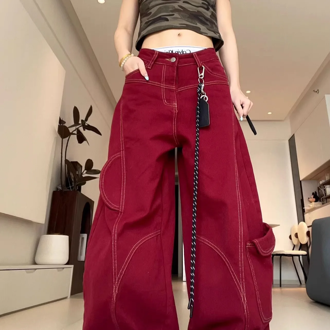 

Женские джинсы в стиле ретро, красные, с деконструированным дизайном швов, свободные повседневные широкие брюки в пол