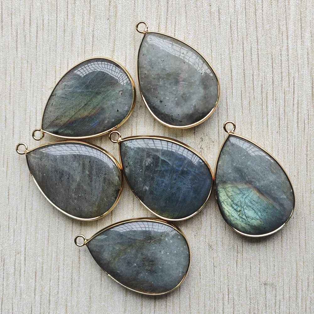 Fashion natural Labradorite gold color side water drop shape Pendants for jewelry making 6pcs/Lot Wholesale fast shipping