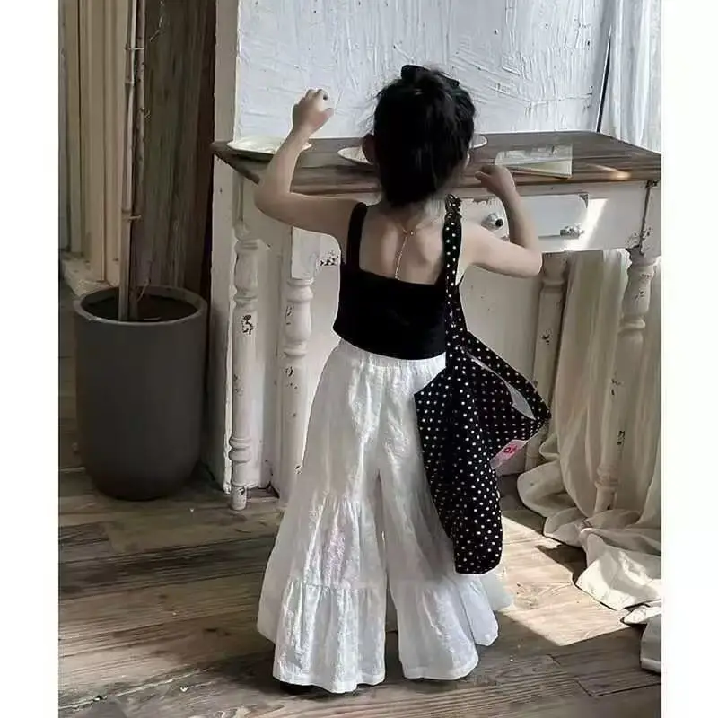 Summer Clothes Sets Girls Lace Suit 2025 New Love Suspenders + Wide Leg Pants 2 Pieces Baby Irregular Cute Princess Outfit