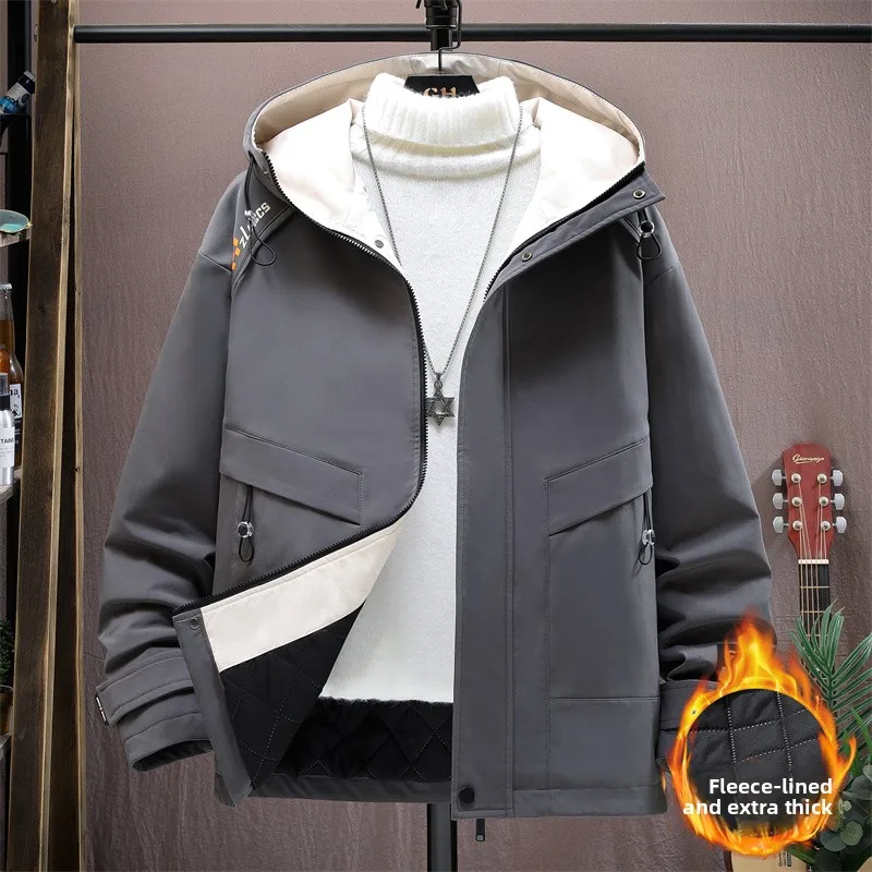 

Men's Hooded Jaet Korean Sle Trendy Autumn Winter Thiened Cotton Workwear Windbreaker Coat Youth Polyester Fiber