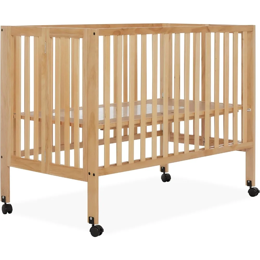 

Full-Size Folding Crib in Natural, Removeable Wheels, Modern Nursey, Adjustable Mattress Support, Portable Crib