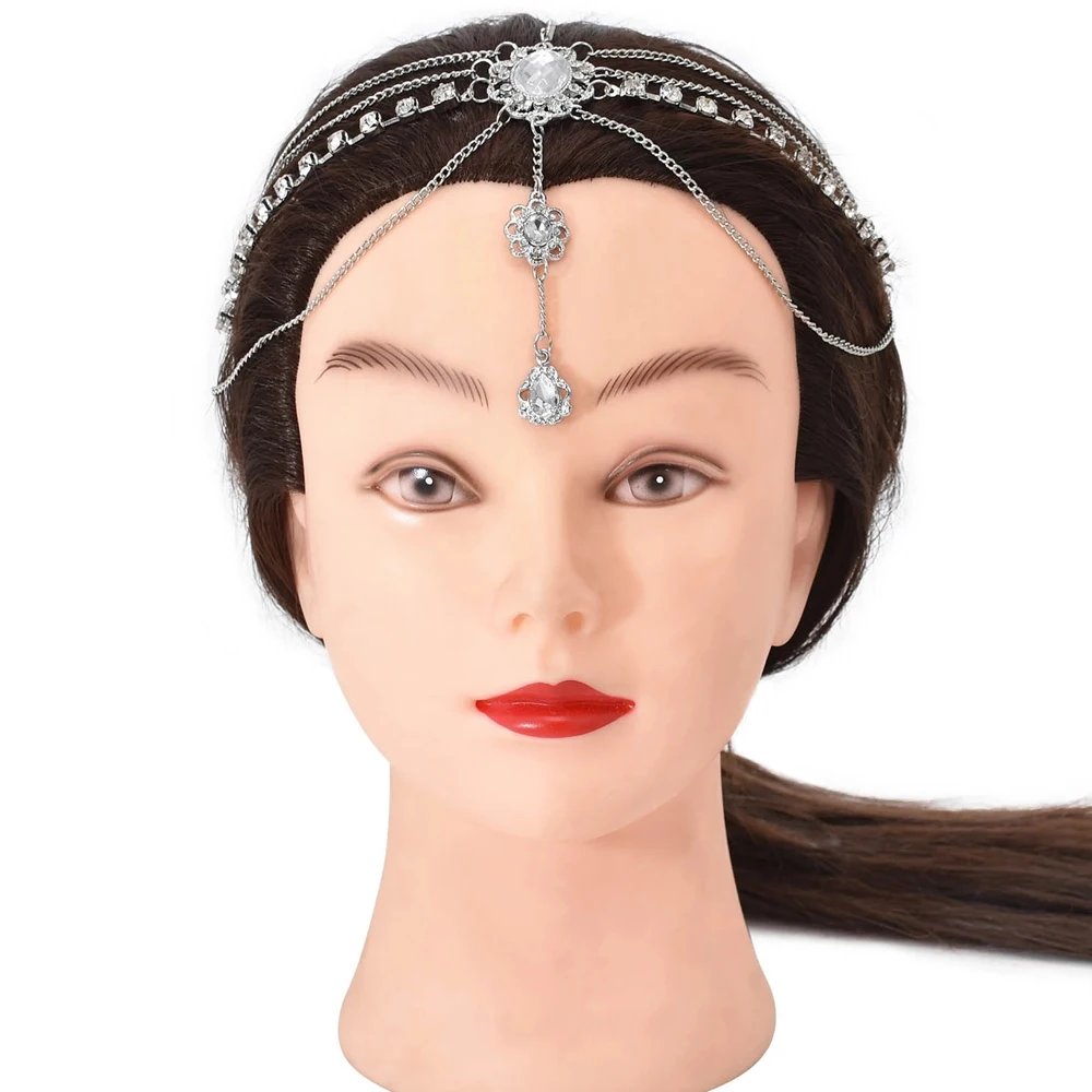 Big Crystal Gem Forehead Headpiece Bride Wedding Hair Accessories for Women Boho Ethnic Turkish Indian Exotic Tiara Head Jewelry