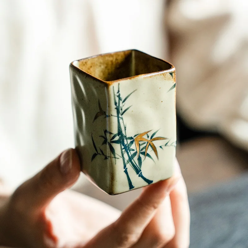 

Чайная чашка ручной росписи в античном стиле с эффектом изменения цвета глазури, квадратная, с бамбуковым узором, для китайской церемонии Гунфу, уникальная чашка для хозяина чаепития