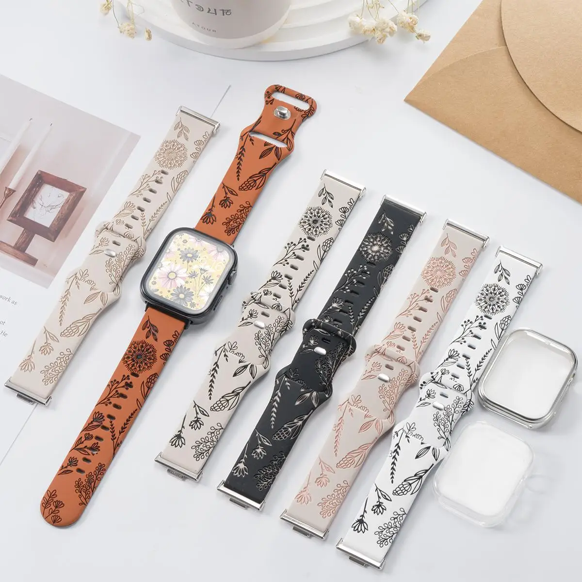 حزام بتصميم مطبوع + حافظة لهاتف Huawei Watch Fit 4 / Watch Fit 4 Pro Protector حافظة من البولي يوريثان حزام رياضي على شكل زهرة لسوار Huawei Fit 3