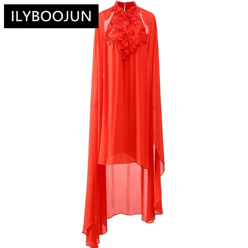 

ILYBOOJUN Fashion Design Women's Cloak Dress Summer Stand Collar Appliques Loose Waist Solid Color A Line Dresses