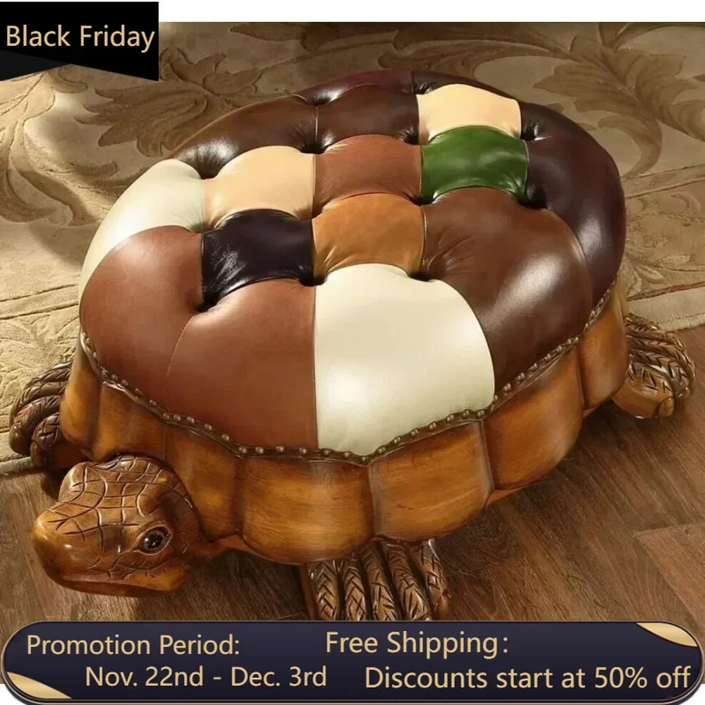 Wood Ottoman Footstool,Sofa Stool，Leather Upholstered Vintage Turtle Footrest Stool with Wheels (Multi-Colored)