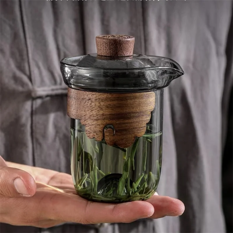 220ml Brewing Tea Hand Grab Pot Glass Gaiwan Cup Cover Wooden Heat Insulation Chinese Tea Bowl Tureen Travel Teaware Sets