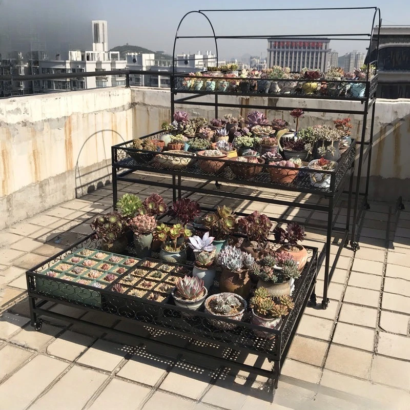 Balcony succulent flower stand, multi-layer wrought iron room, outdoor wheeled movable floor storage rack, open raising