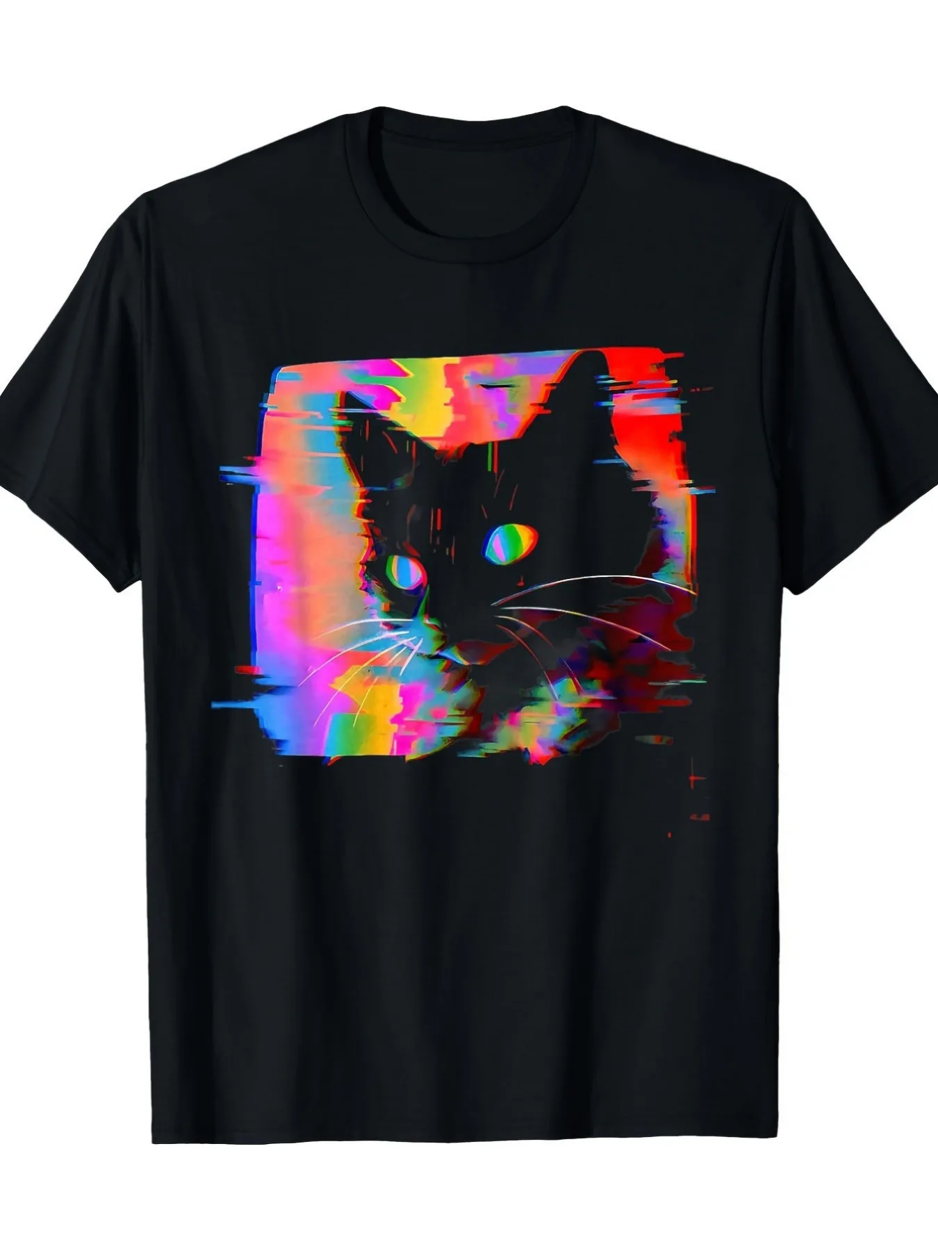 Herren Psychedelic Cat Vaporwave Grafik-T-Shirt 220g/100% Baumwolle Leicht Atmungsaktiv Lebhaftes Neon-Design für Freizeitkleidung