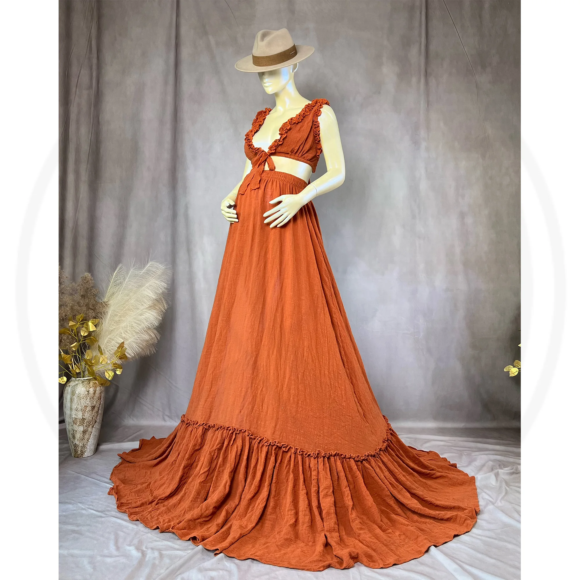 Don&Judy Bohemian Vintage Terracotta Wedding Bride Dress Maternity Photoshoot Party Two Pieces Gown Deep V-neck Ruffles Vestido