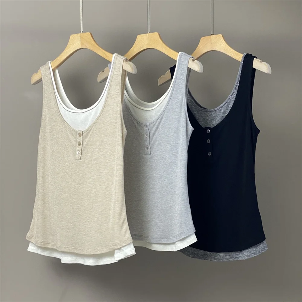 

2025 Summer Women Sleeveless Tank Top Fake Two-piece Beading Camis
