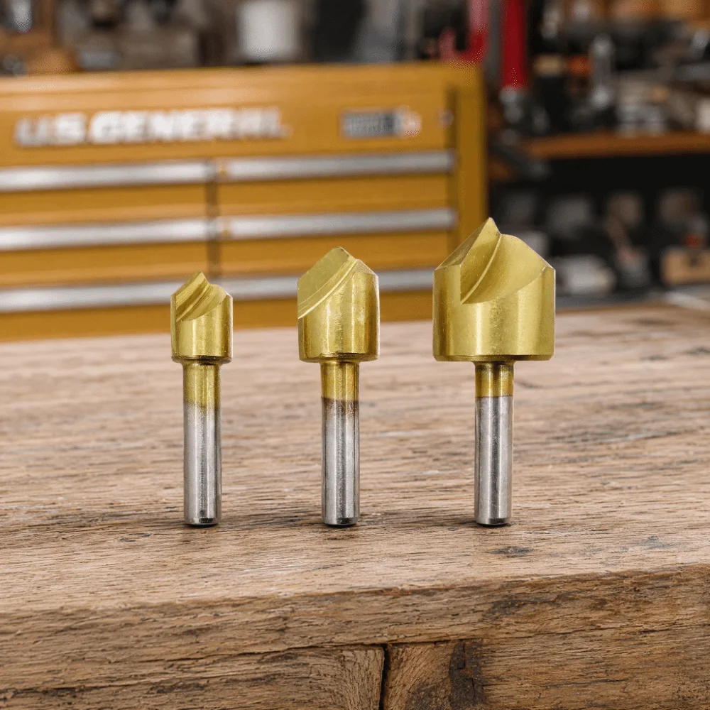 3pcs Titanium Plated Chamfering Cutter Set Carbon Steel Single Flute Countersink Drill Bit Set 3/8 1/2 3/4 90 Degree